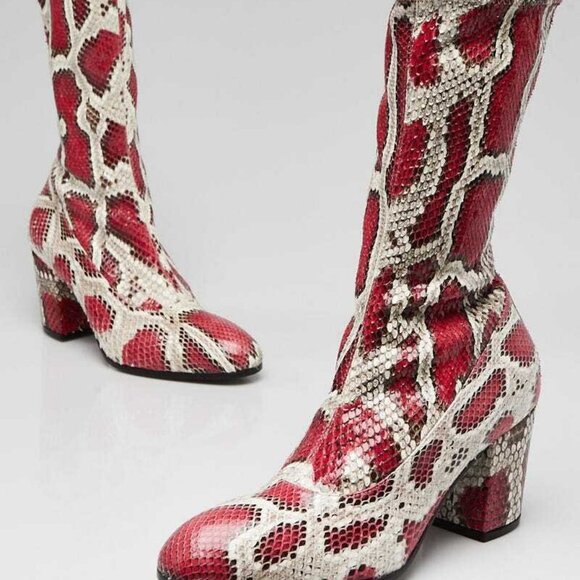 Gucci Red/Beige Python Mid Calf Boots Size 5.5/36 - Picture 1 of 5